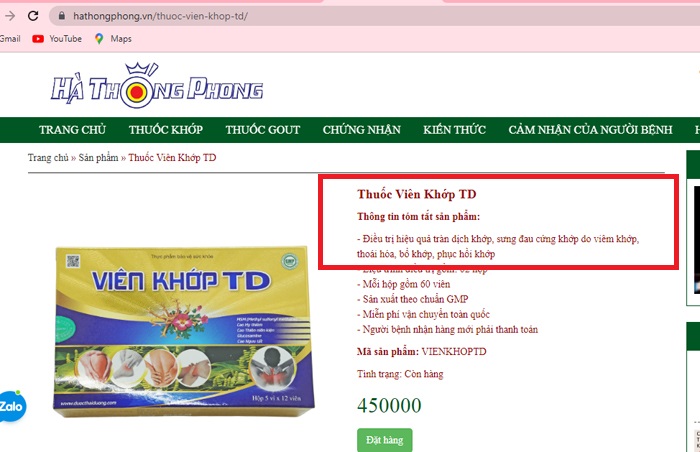 TPBVSK Viên khớp TD nhãn hiệu Hà Thống Phong quảng cáo như ‘thuốc’