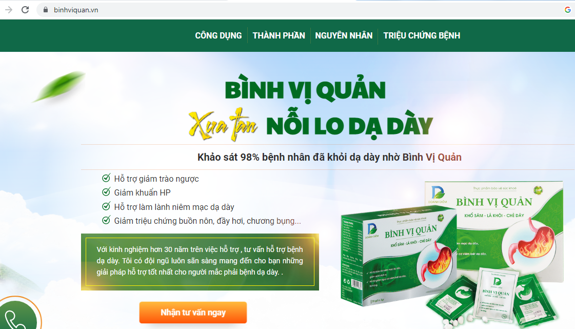 Nhiều website dùng hình ảnh bác sĩ, ý kiến bệnh nhận để quảng cáo sản phẩm Bình Vị Quản