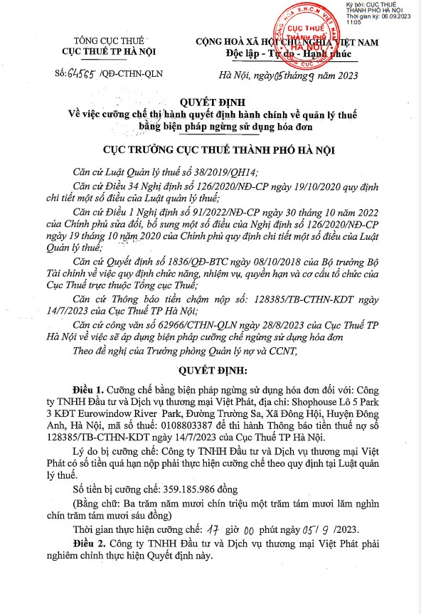 Cưỡng chế ngừng sử dụng hóa đơn đối với Công ty TNHH Đầu tư và Dịch vụ Thương mại Việt Phát