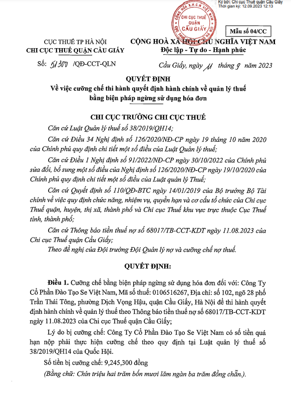 Ngừng sử dụng hóa đơn đối với Công ty Cổ phần Đào tạo Se Việt Nam