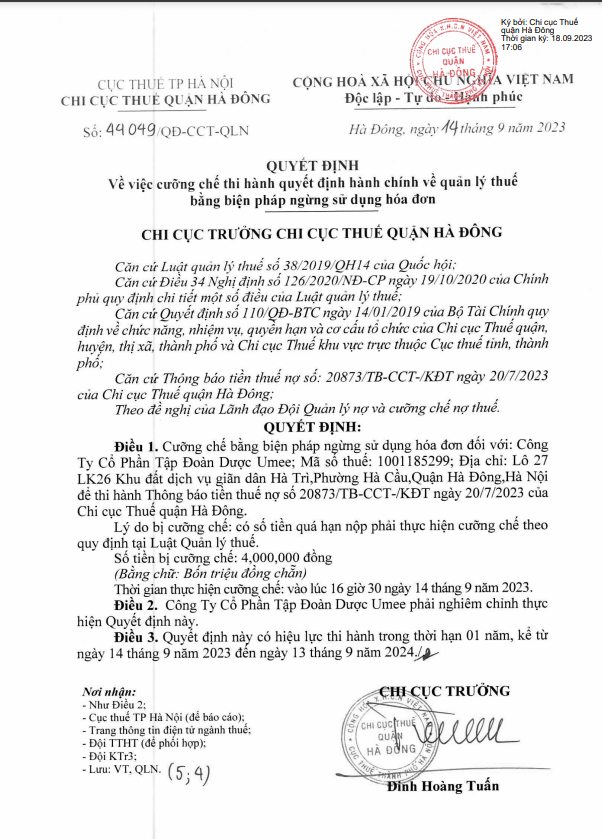 Công ty CP Tập đoàn Dược Umee bị cưỡng chế ngừng sử dụng hóa đơn