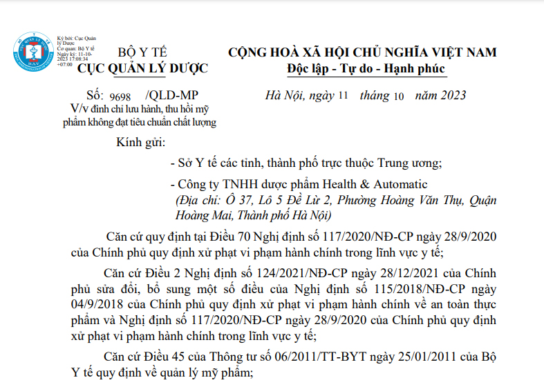 Đình chỉ lưu hành, thu hồi toàn quốc mỹ phẩm Mộc Bì của Cty Health  Automatic