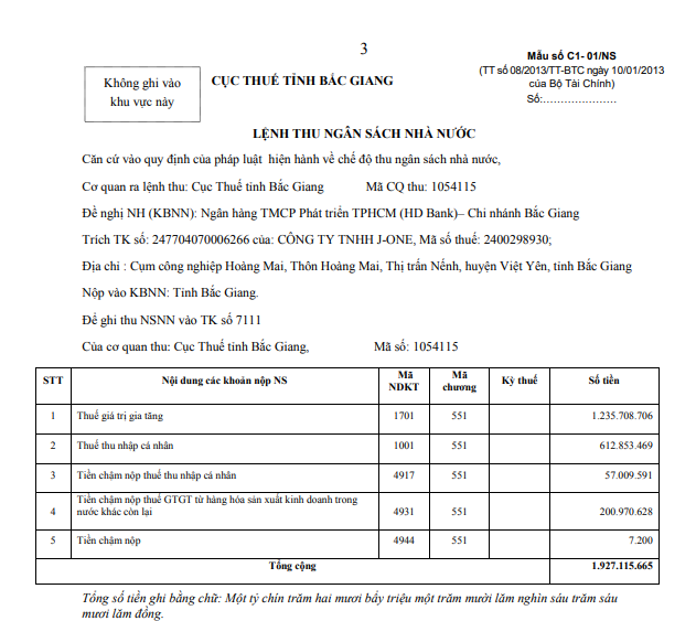 Nợ thuế Công ty TNHH J-One bị phong tỏa tài khoản 