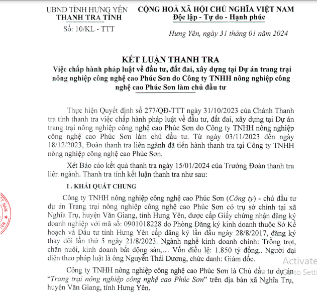 Công ty TNHH nông nghiệp công nghệ cao Phúc Sơn vi phạm pháp luật về đầu tư