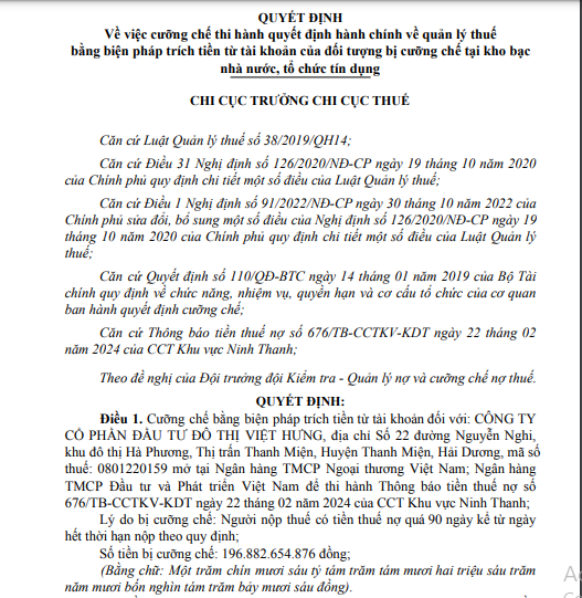 CTCP Đầu tư đô thị Việt Hưng bị cưỡng chế thuế gần 200 tỷ đồng