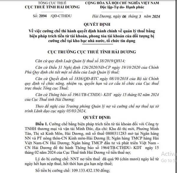 Công ty TNHH thương mại và vận tải Minh Đức bị cưỡng chế nợ thuế hơn 109  tỷ đồng