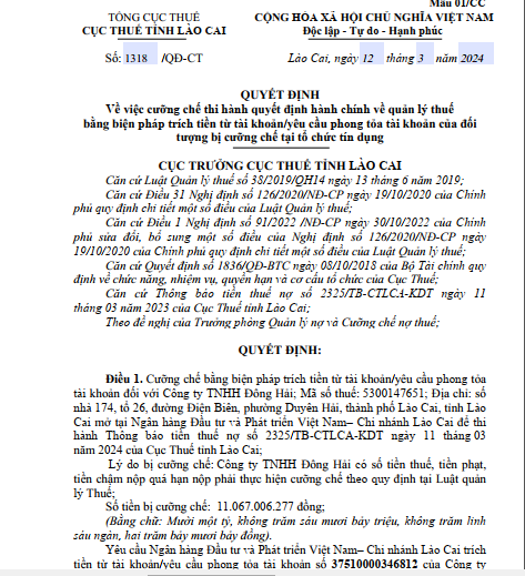 Công ty TNHH Đông Hải bị cưỡng chế thuế hơn 11 tỷ đồng, phong tỏa 4 tài khoản