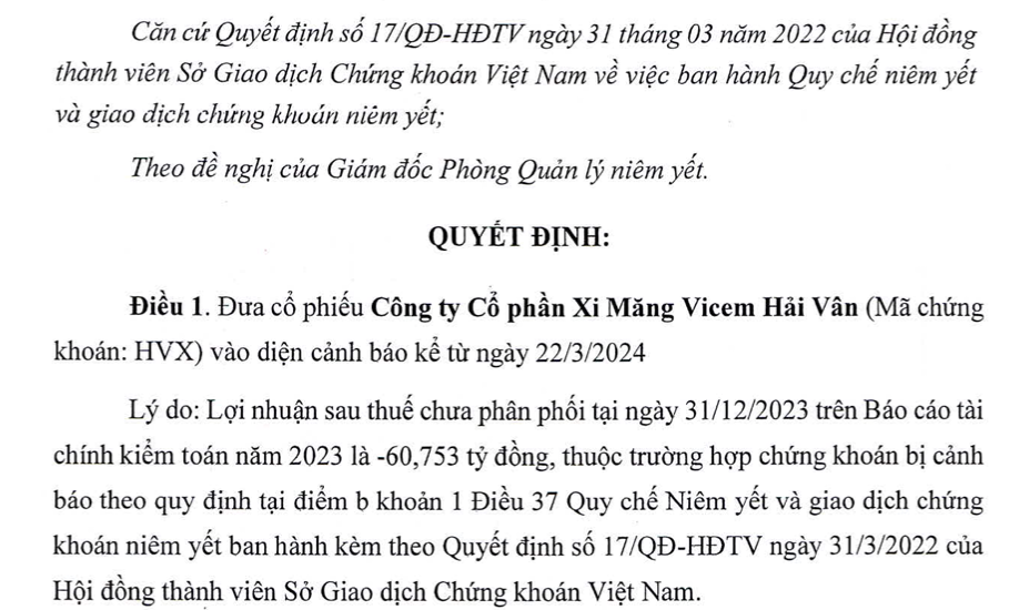 Xi măng Vicem Hải Vân lỗ nặng cổ phiếu bị đưa vào diện kiểm soát