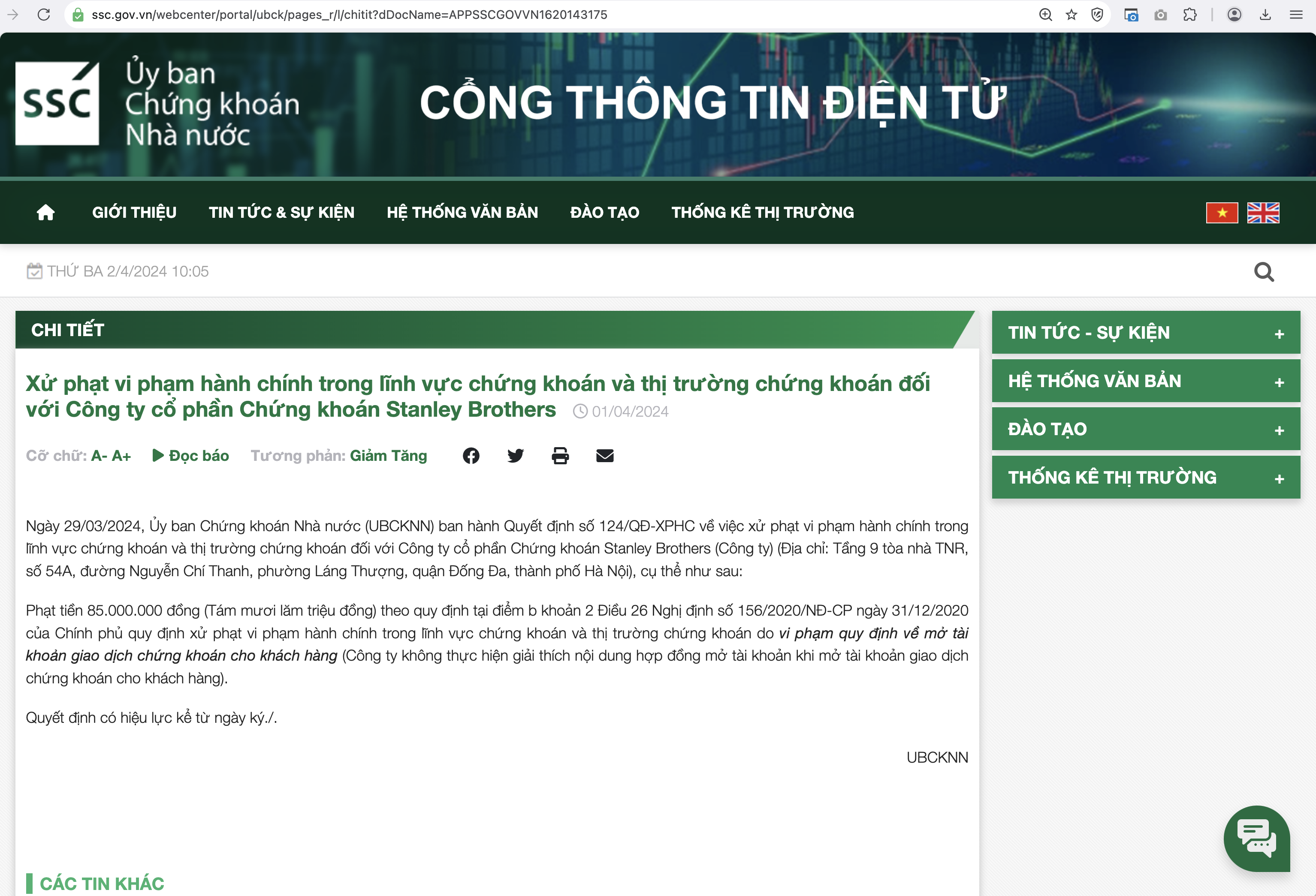 Chứng khoán Stanley Brothers tiếp tục bị xử phạt