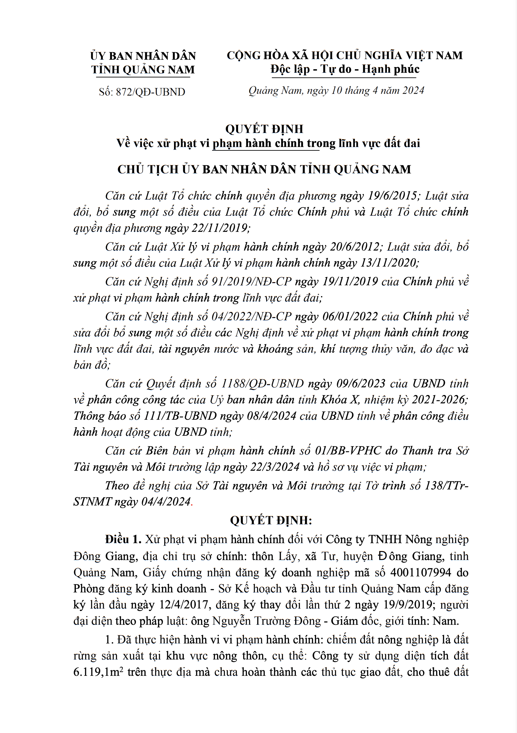 Chiếm đất nông nghiệp Công ty Nông nghiệp Đông Giang bị phạt 80 triệu đồng