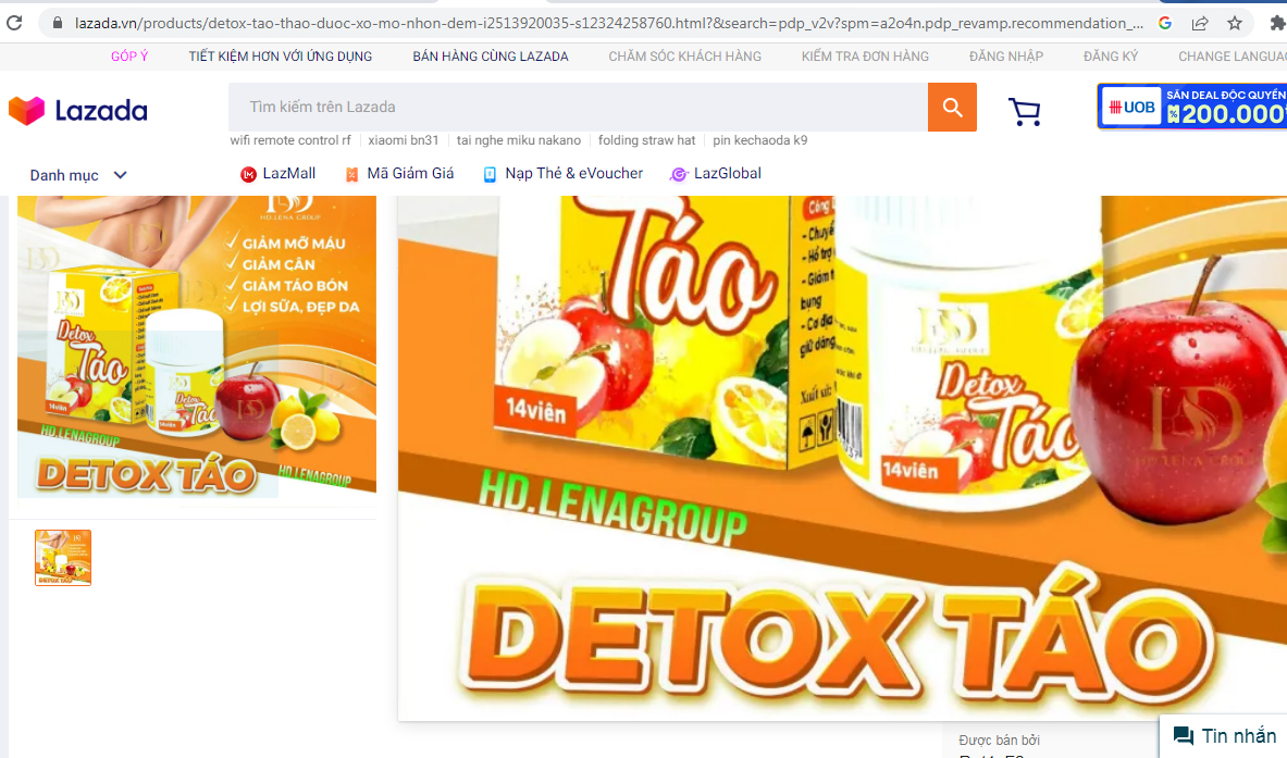 Chưa được cấp phép, sản phẩm Detox Táo vẫn bán tràn lan trên Lazada