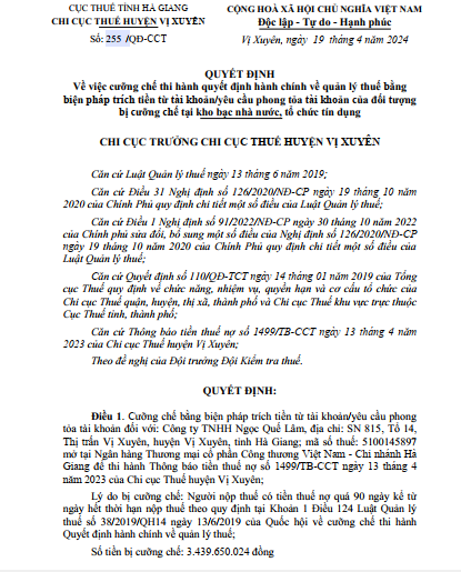 Công ty TNHH Ngọc Quế Lâm bị cưỡng chế thuế hơn 3,4 tỷ đồng, phong tỏa 4 tài khoản ngân hàng