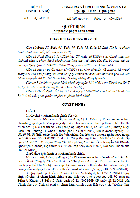 Xử phạt Công ty Pharmascience Inc-Canada 80 triệu đồng