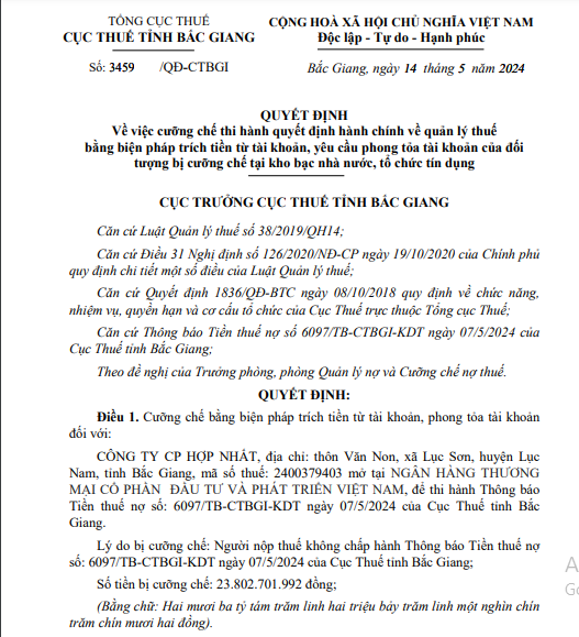 Cưỡng chế thuế, phong tỏa tài khoản đối với Công ty Cổ phần Hợp Nhất 