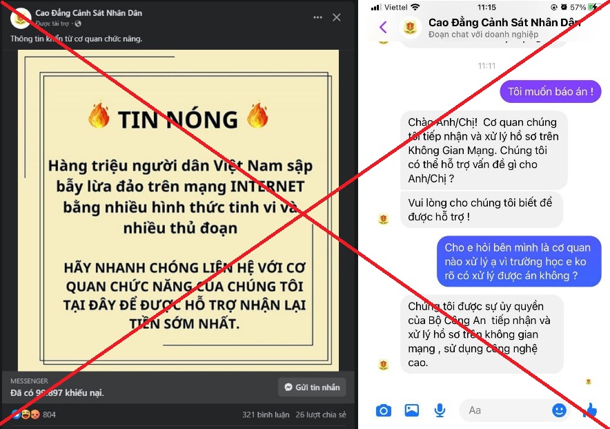 Cảnh báo trang facebook giả mạo Cao đẳng Cảnh sát nhân dân hỗ trợ lấy lại tiền lừa đảo