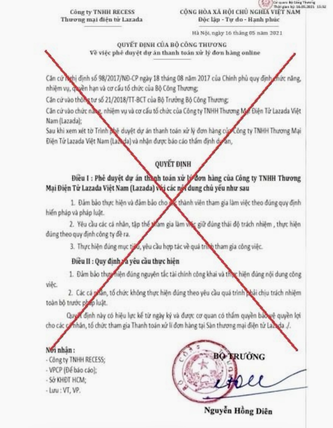 Cảnh báo giả mạo Bộ Công Thương phê duyệt thanh toán xử lý đơn hàng online