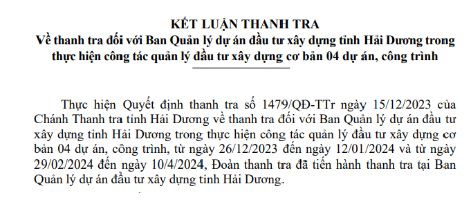 Loạt sai phạm tại 4 dự án do Ban QLDA ĐTXD tỉnh Hải Dương làm chủ đầu tư
