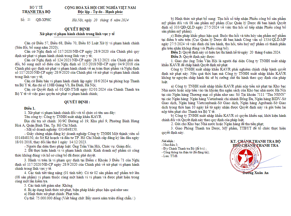 Vi phạm trong lĩnh vực y tế, Công ty TNHH Xuất nhập khẩu KAVR bị xử phạt