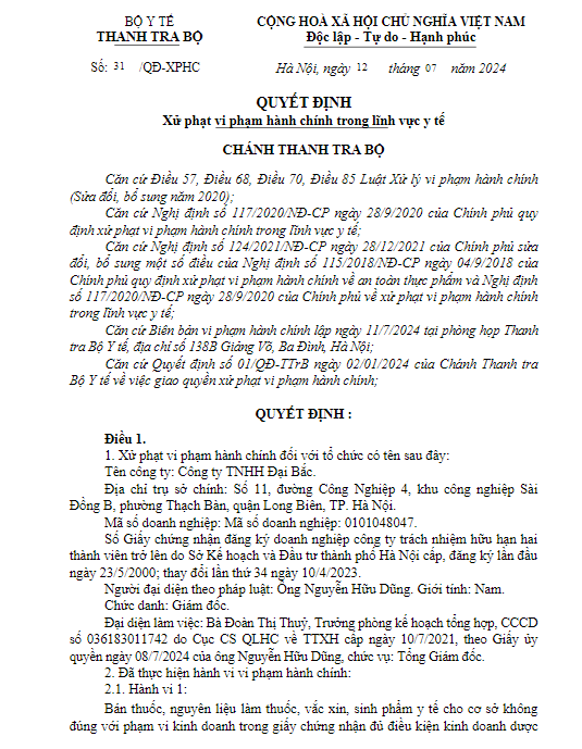 Công ty TNHH Đại Bắc bị xử phạt do vi phạm trong lĩnh vực y tế