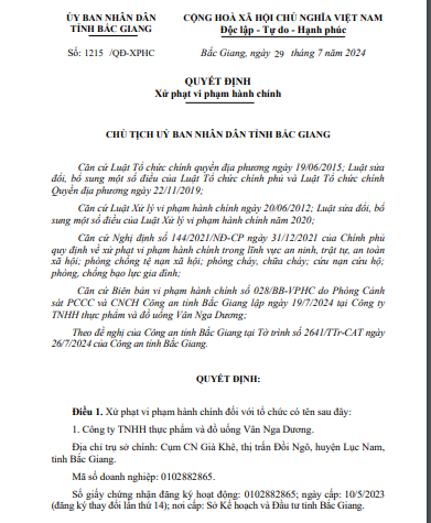 Công ty thực phẩm và đồ uống Vân Nga Dương bị xử phạt 80 triệu đồng