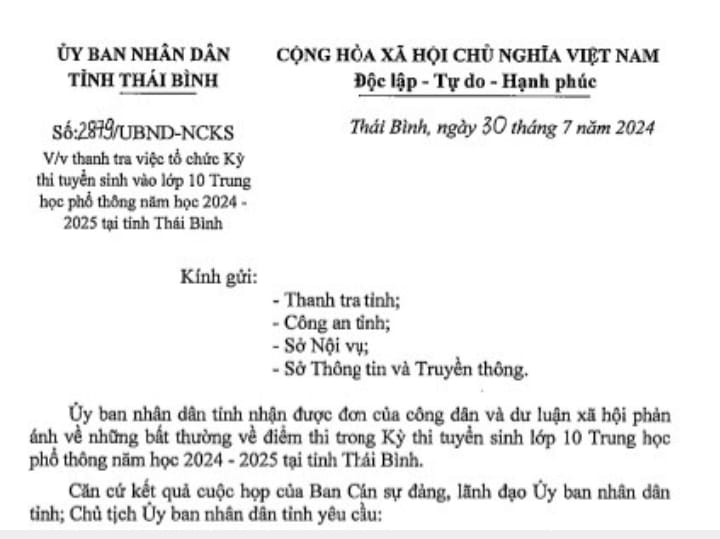 Bất thường về điểm thi vào 10 THPT, UBND tỉnh Thái Bình ra văn bản nóng