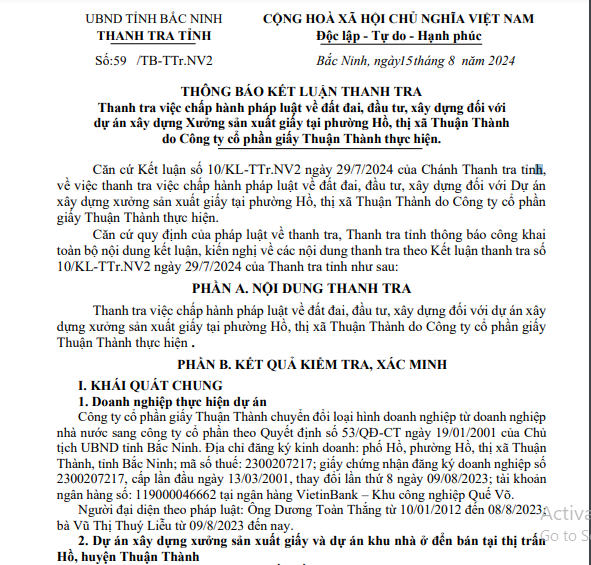 Bắc Ninh Dự án Khu nhà ở để bán tại thị trấn Hồ của CTCP giấy Thuận Thành vướng loạt vi phạm