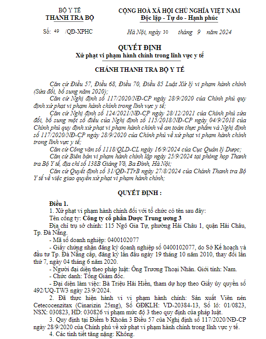 Sản xuất thuốc vi phạm chất lượng, Công ty CP Dược Trung ương 3 bị xử phạt