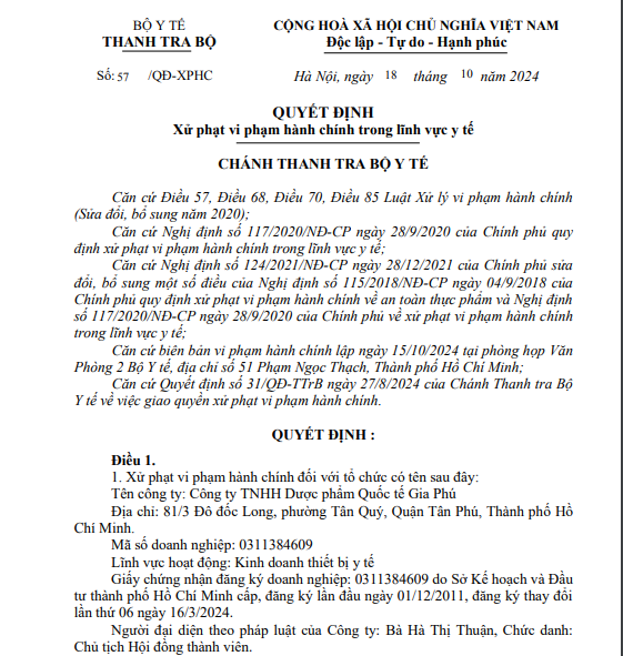 Xử phạt Công ty TNHH Dược phẩm Quốc tế Gia Phú