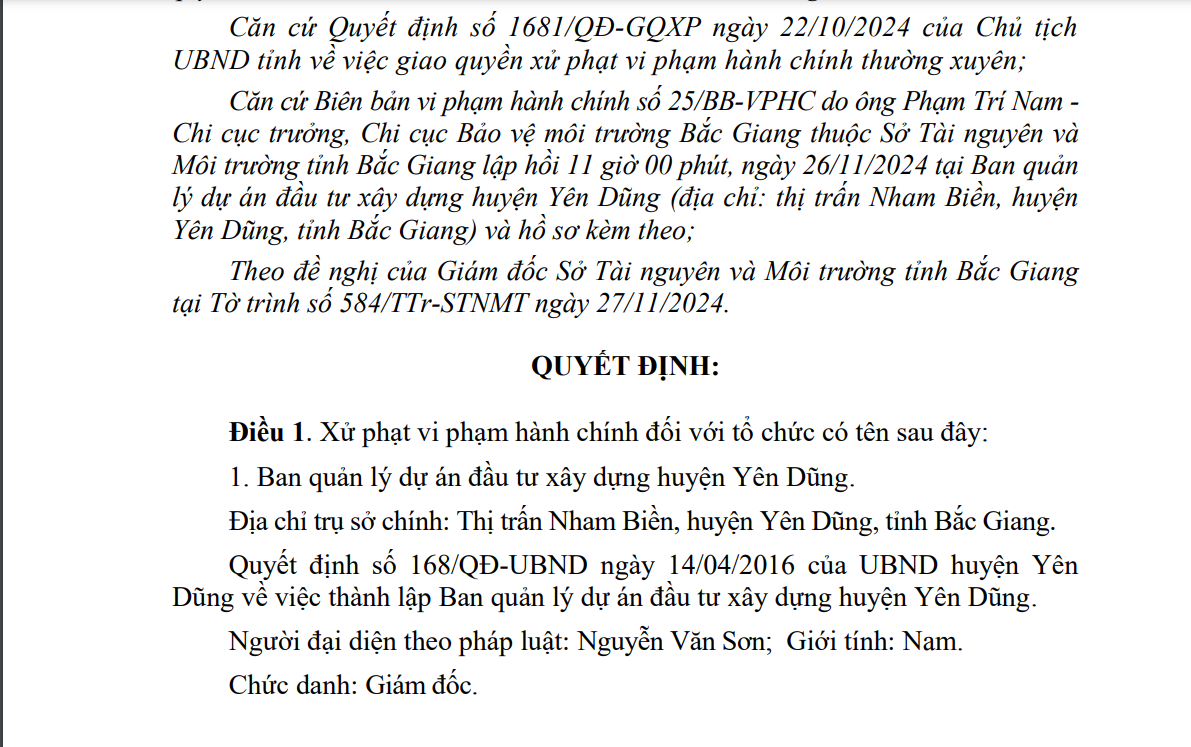 Bắc Giang Một chủ đầu tư dự án bị phạt nặng do vi phạm trong lĩnh vực bảo vệ môi trường