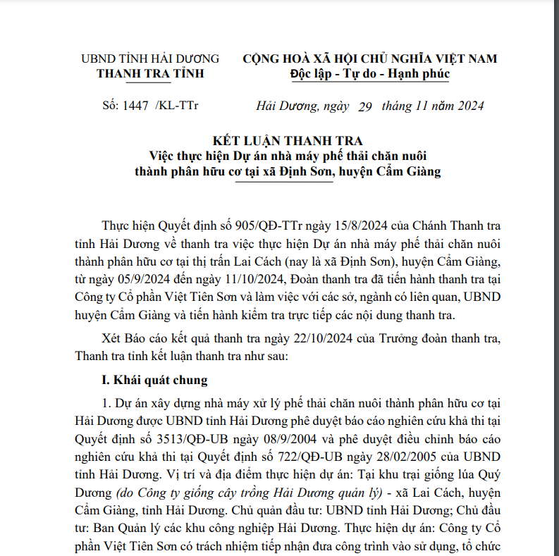 Thấy gì từ kết luận thanh tra việc thực hiện Dự án nhà máy phế thải chăn nuôi thành phân hữu cơ tại Hải Dương