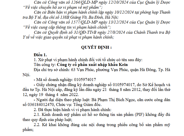Xử phạt Công ty Cổ phần xuất nhập khẩu Kein 120 triệu đồng