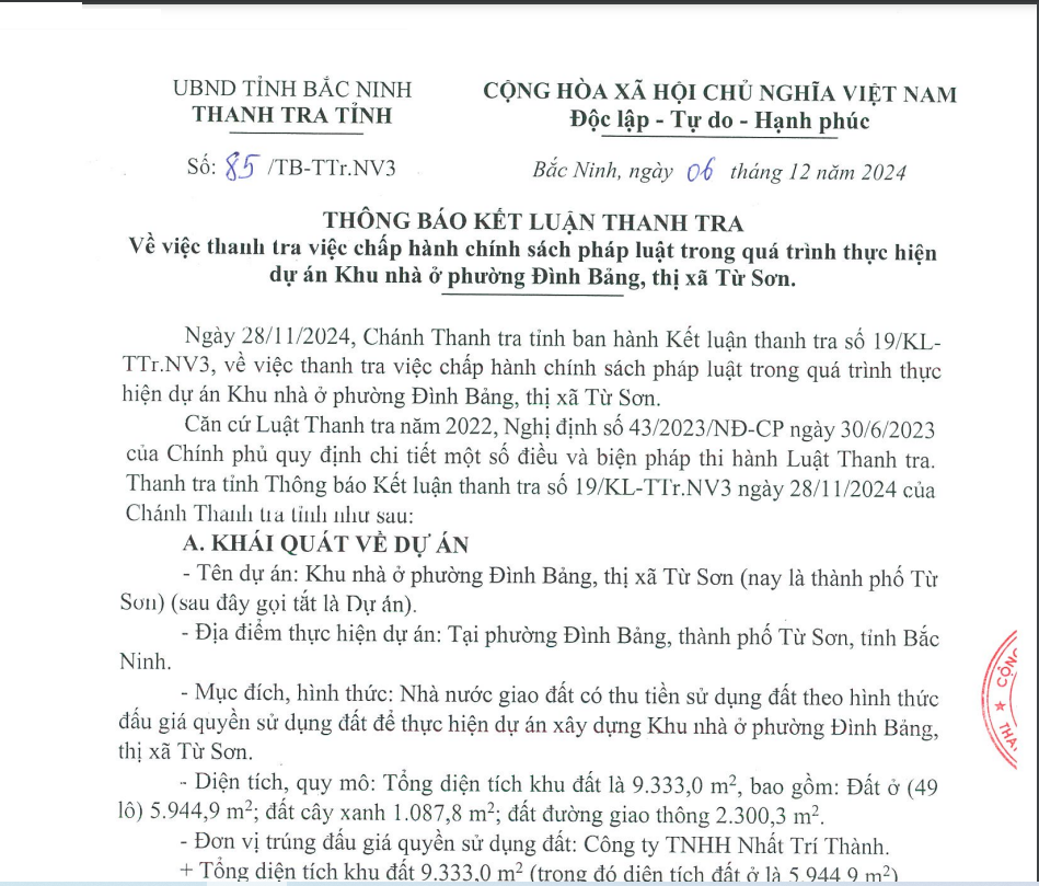 Bắc Ninh Thanh tra chỉ ra loạt khuyết điểm trong quá trình thực hiện dự án Khu nhà ở phường Đình Bảng
