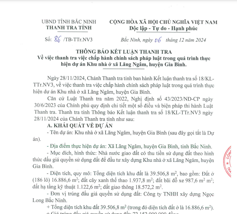 Nhiều sai sót trong quá trình thực hiện Dự án Khu nhà ở xã Lãng Ngâm do Công ty Ngọc Long Bắc Ninh trúng đấu giá