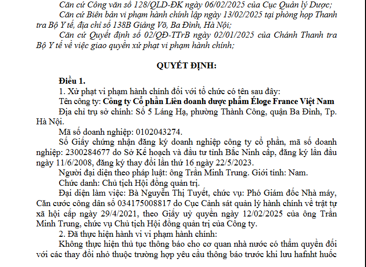 Xử phạt CTCP Liên doanh dược phẩm Éloge France Việt Nam 35 triệu đồng