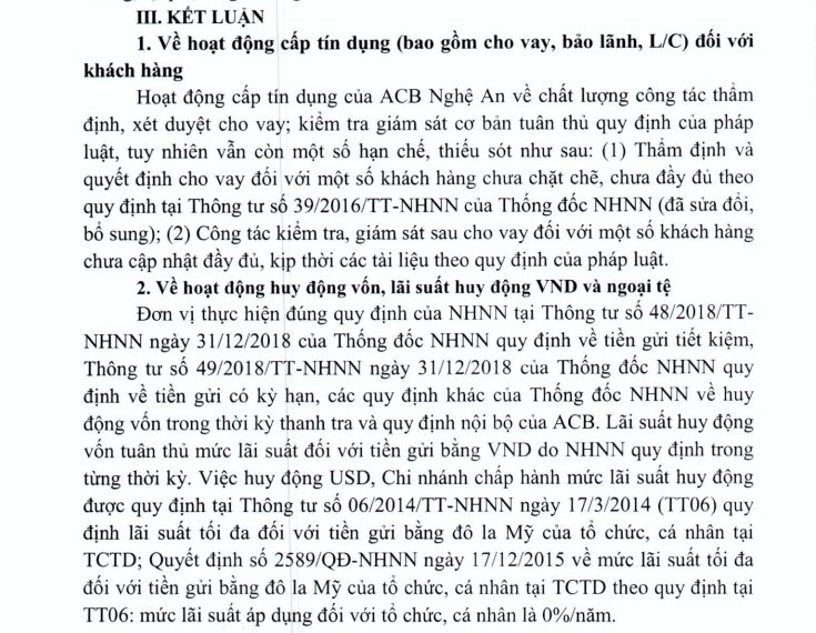 Thanh tra chỉ loạt sai phạm của ACB Nghệ An Nhiều hạn chế thiếu sót trong hoạt động cho vay