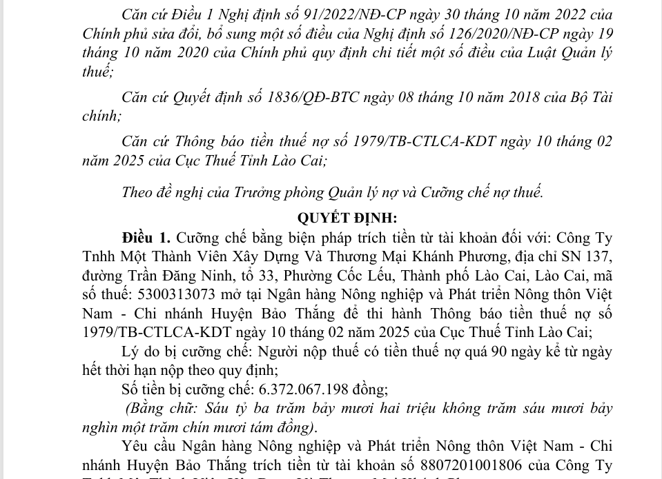 Nợ thuế hơn 6,3 tỷ đồng, Công ty Khánh Phương bị cưỡng chế trích tiền từ tài khoản