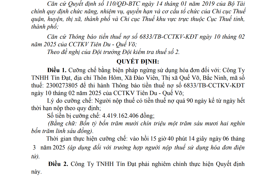 Nợ thuế hơn 4,4 tỷ đồng, Công ty TNHH Tín Đạt bị cưỡng chế ngừng sử dụng hóa đơn