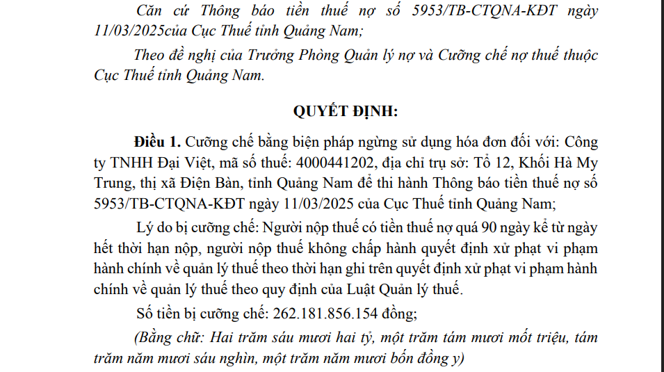 Nợ thuế, Công ty TNHH Đại Việt bị cưỡng chế ngừng sử dụng hóa đơn
