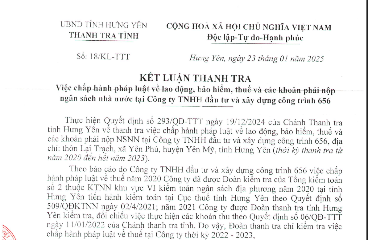 Thanh tra chỉ rõ nhiều tồn tại, hạn chế tại Công ty Xây dựng công trình 656