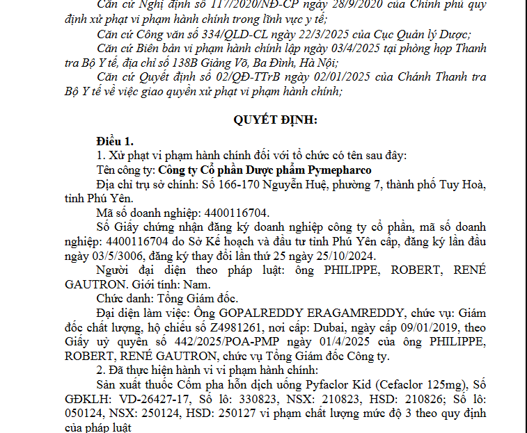 Vi phạm trong lĩnh vực y tế, CTCP Dược phẩm Pymepharco bị xử phạt 50 triệu đồng 
