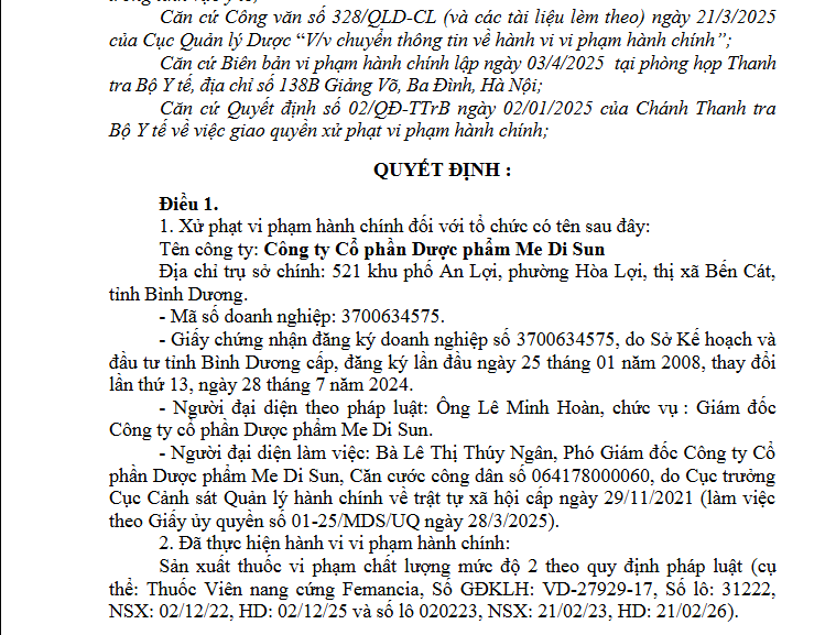 Xử phạt Công ty Cổ phần Dược phẩm Me Di Sun 70 triệu đồng