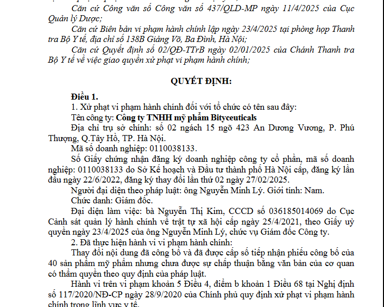 Tự ý thay đổi công bố 40 sản phẩm Công ty TNHH Mỹ phẩm Bityceuticals bị xử phạt