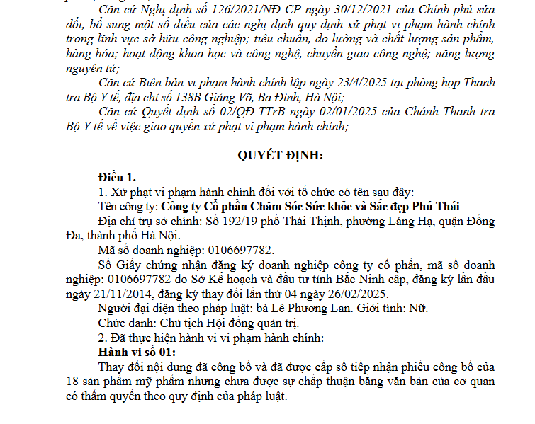 Xử phạt Công ty Chăm sóc sức khỏe và Sắc đẹp Phú Thái 