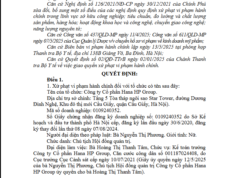 Vi phạm trong lĩnh vực y tế, Công ty Cổ phần Hana HP Group bị xử phạt
