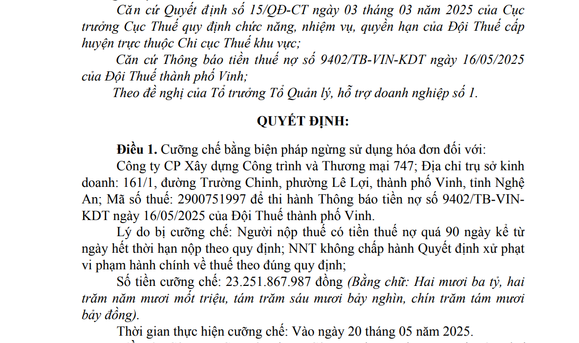 Nợ thuế hơn 23,2 tỷ đồng, Công ty 747 bị cưỡng chế ngừng sử dụng hóa đơn