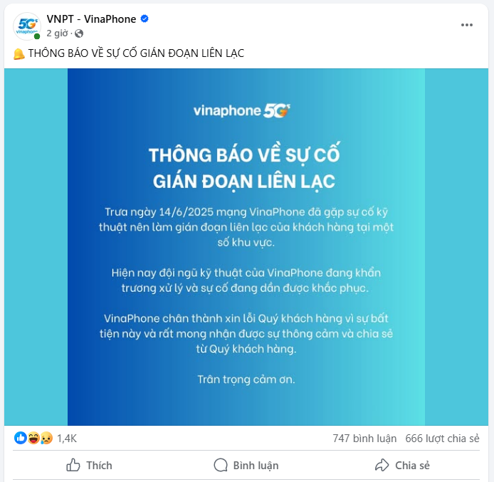 Nhiều người dùng VinaPhone bức xúc do nhà mạng chậm thông báo sự cố mất sóng