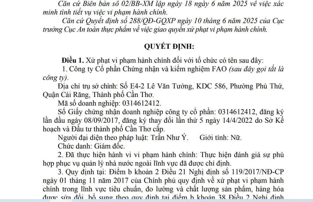 Xử phạt Công ty Cổ phần Chứng nhận và kiểm nghiệm FAO