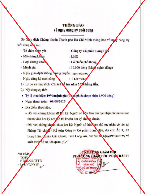 Cảnh báo văn bản giả mạo thông báo chốt quyền cổ tức của LHG