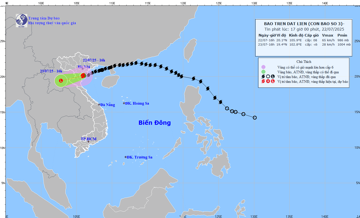 Bão số 3 di chuyển trên đất liền các tỉnh Ninh Bình-Thanh Hoá, suy yếu thành áp thấp nhiệt đới trong 24h tới
