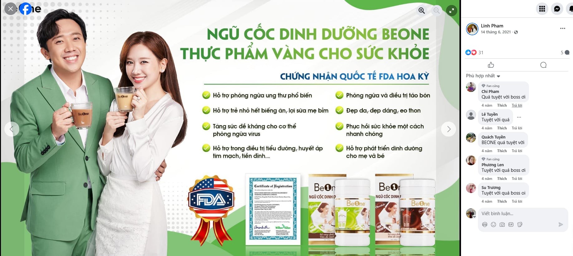 Ngũ cốc Beone có quảng cáo như thực phẩm bảo vệ sức khỏe